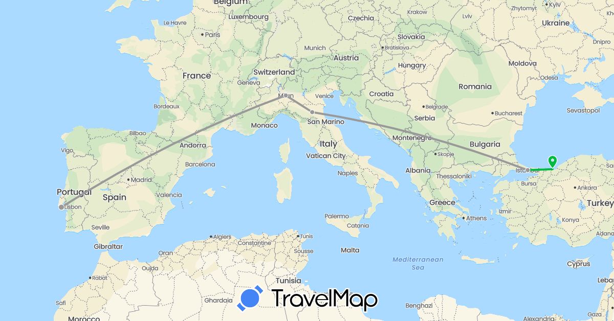 TravelMap itinerary: driving, bus, plane in Italy, Portugal, Turkey (Asia, Europe)